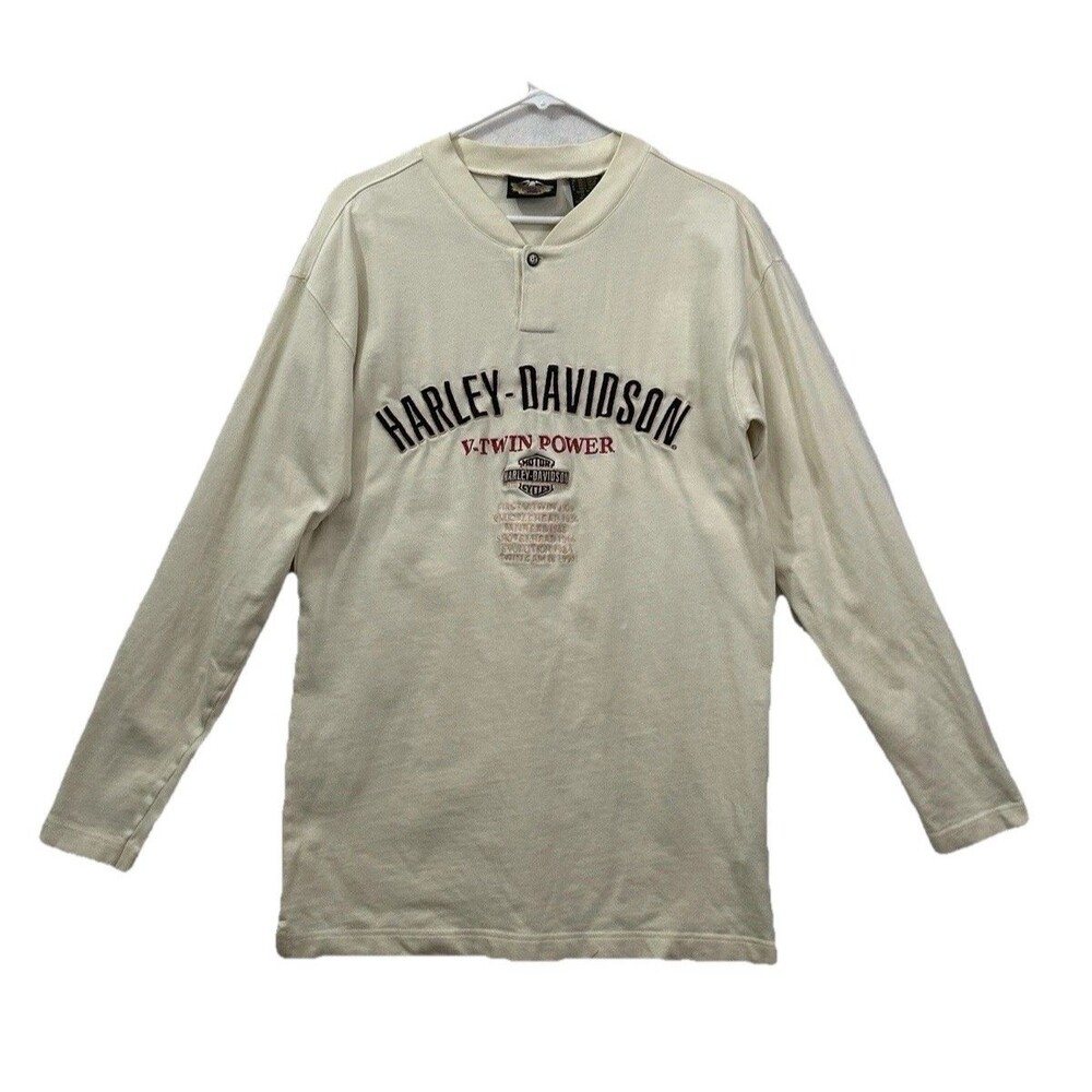 Harley Davidson V-Twin Power Henley Long Sleeve Shirt Cream Cream Mens Small S
